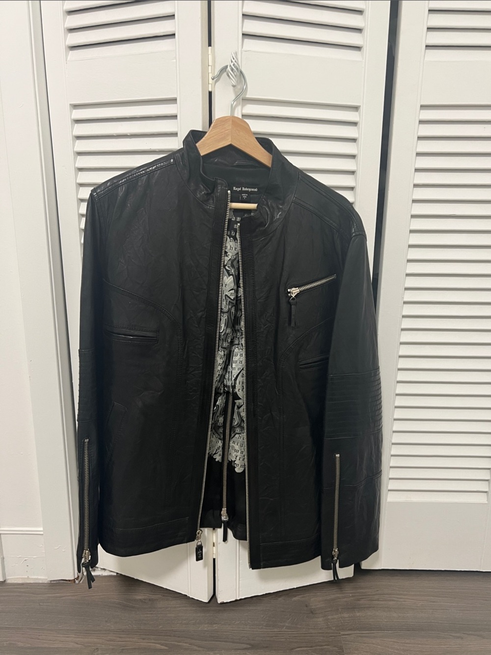 EXCHANGE Black Leather Zip-Front Bomber Jacket with Patterned Lining